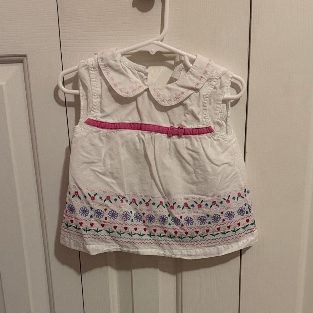 White Embroidered Floral Baby Tank with Pink Trim